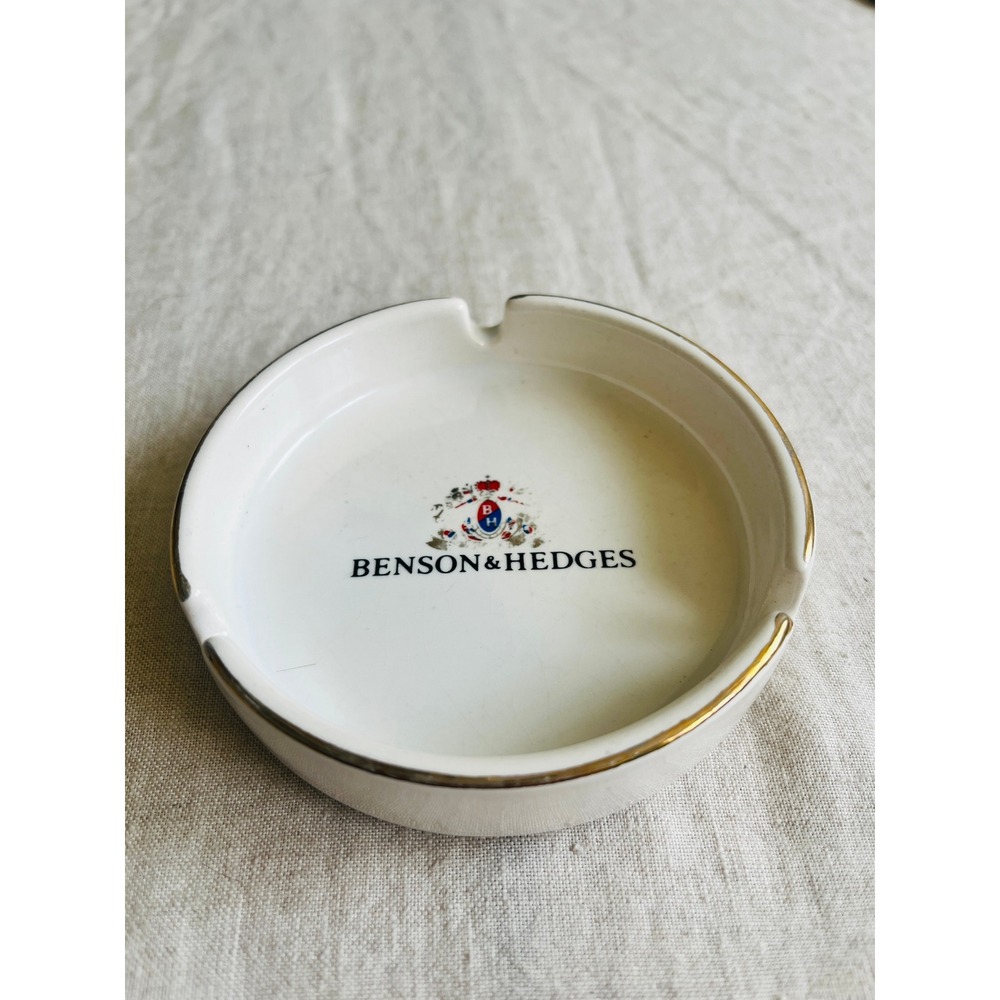 Vintage Benson & Hedges Ceramic Ashtray White Gold Rim Tobacciana 1970s 1980s